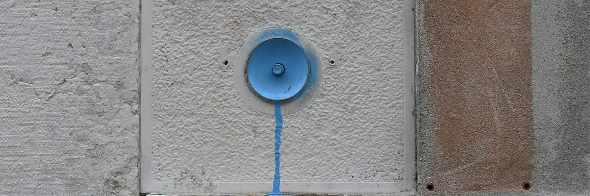 Blauer runde Klingel in einer hellen Betonwand, aus dem ein schmaler blauer Farblauf nach unten verläuft.